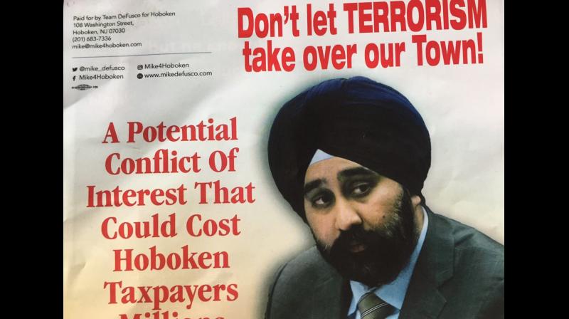 They have a photo of New Jersey Councilman Bhalla. In red letters above him, the flyers read: Dont let terrorism take over our Town! it added. (Photo: Twitter/@RaviBhalla)
