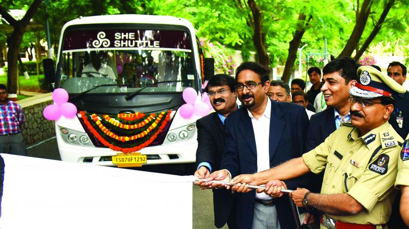 M. Mahender Reddy, Hyderabad police commissioner, launches the new SHE Shuttle at genpact Uppal.