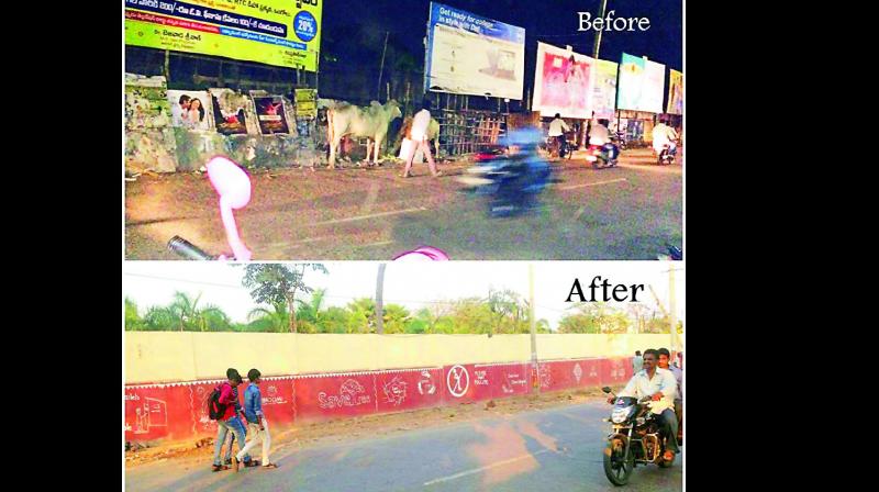 (Before)This main road in Ongole was plagued by foul smell because of people urinating there. Hoardings too spoilt the scene. (After) The same road has now been beautified, and the ugly hoardings have gone.