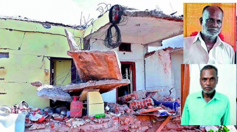 A photograph of the collapsed house (above) which killed two brothers  Meesala Venkat Reddy (top right) and Prabhakar Reddy (right)  at Raigir. (Photo: DC)