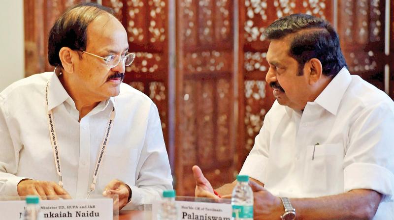 Union urban development minister Venkaiah Naidu in a meeting with Tamil Nadu Chief Minister Edappadi K. Palanisami in New Delhi on Tuesday (Photo: AP)