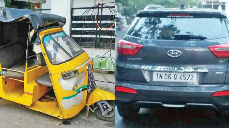 (Right)Rajinikanths car and Damaged auto