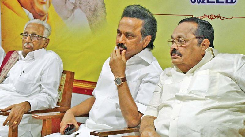DMK working president M.K. Stalin and party leader Duraimurugan at the DMK district secretaries meeting held at Anna Arivalayam on Tuesday (Photo: DC)