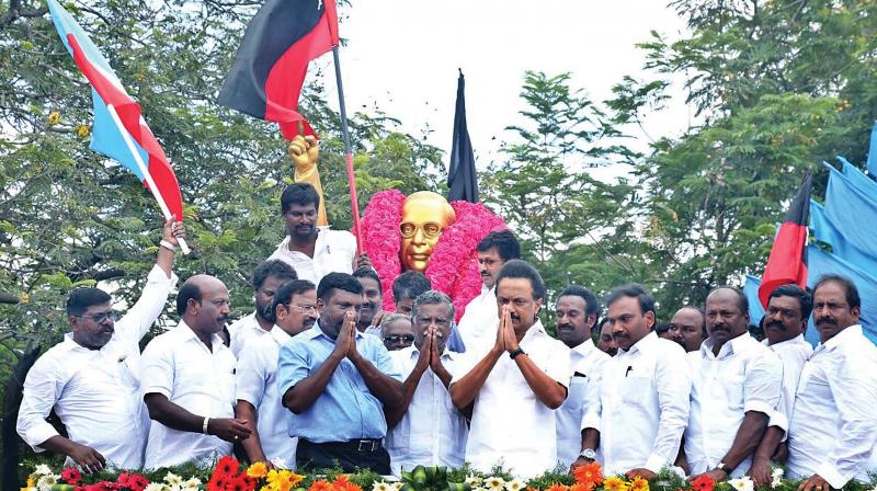DMK party working president, M.K.Stalin pays tributes to Ambedkar on his 127th birth anniversary at Koyambedu on Saturday along with VCK leader Thol. Thirumavalavan and CPI state secretary R. Mutharasan.  (Photo:DC)