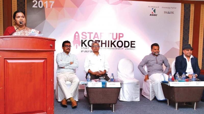 KSIDC managing director Dr. M. Beena inaugurates Startup Kozhikode on Thursday. KSIDC general manger K.G. Ajithkumar, Mentorguru chief S.R. Nair, Indian Angel Network lead investor Nagaraja Prakasam and Mindlabs MD Gireesh Gopal are also seen. (Photo: DC)