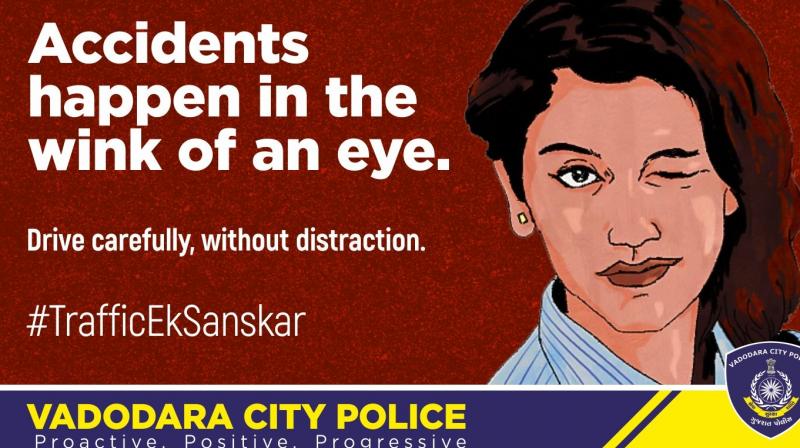 Under #TrafficEkSanskar and Priya Prakash Varriers wink, cops of Vadodara, on March 21, posted on their official Twitter handle, Accidents happen in the wink of an eye. Drive carefully, without distraction. (Photo: Twitter | @Vadcitypolice)