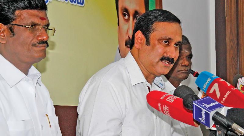 PMK leader Dr Anbumani Ramadoss addresses the media on Sterlite issue at his party office in T Nagar on Wednesday. (Photo: DC)
