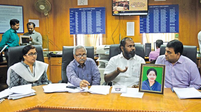 Tamil Nadu revenue minister R. B. Udayakumar convenes a meeting at Chepauk on Sunday, to monitor the cyclone preparation. (Photo: DC)