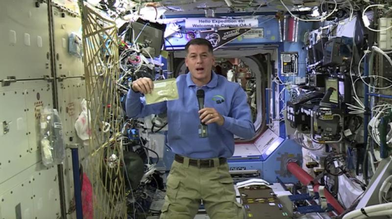 NASA astronaut Shane Kimbrough shows a pouch of turkey he will be preparing for his crew in celebration of the Thanksgiving holiday, aboard the International Space Station. (Photo: AP)