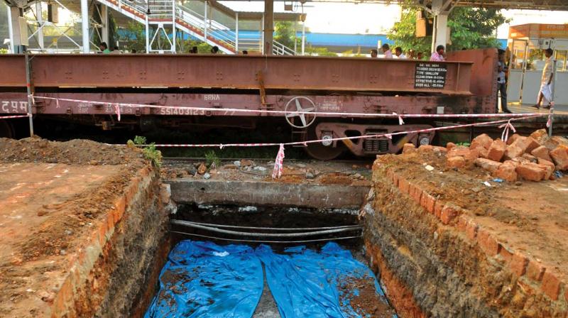Trench dug for the construction of new ROB at Kozhikode railway station. (Photo: DC)