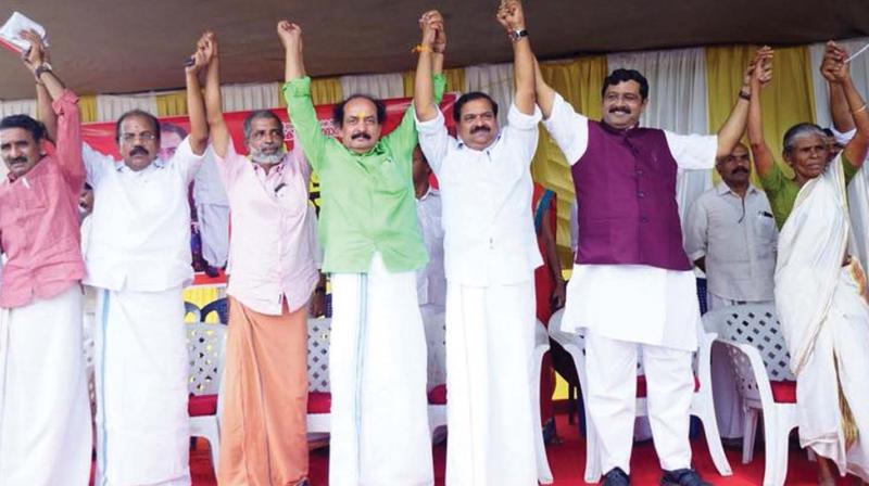 Leaders of Vayalkilikal at the BJP venue in Keezhattoor on Tuesday.