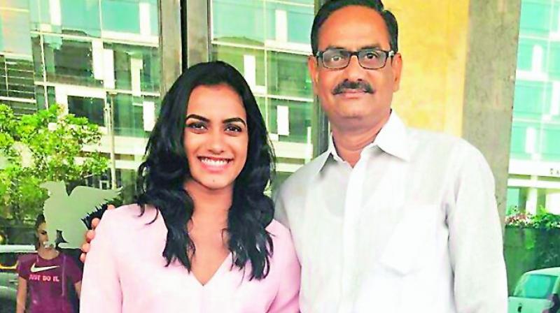 P.V. Sindhu inherited discipline from her parents who were former volleyball players, Sindhu with her father, P.V. Ramana.