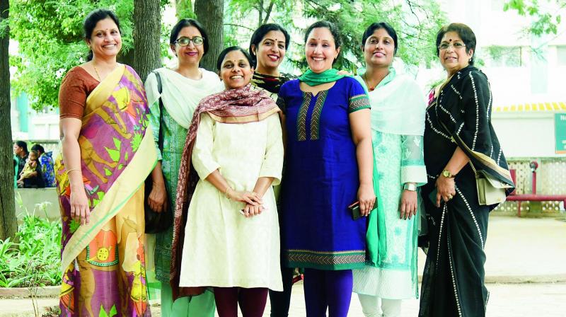 Swati, Shaila, Radhika, Durga, Shanti Vasuda and Santha John, with other group members.