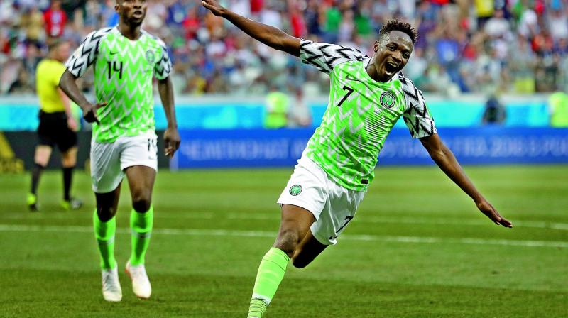 Nigerias Ahmed Musa celebrates scoring the second goal against Iceland in their Group D match at the Volgograd Arena on Friday. (Photo:AP)