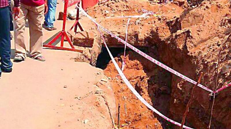 The trench that was dug up by Megha engineering at Balanagar. The gaping hole claimed a life.