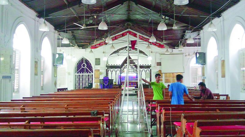 A view of the extensive overhaul being carried out at the 170-year-old Holy Trinity Church at Bolarum. (Photo: DC)