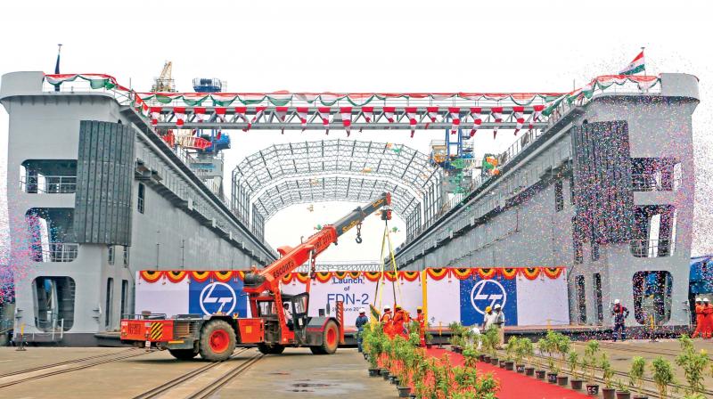 Larsen & Toubro on Tuesday launched Indias first  indigenously built Floating Dock  (FDN-2) at its greenfield shipyard in Kattupalli. (Photo: DC)