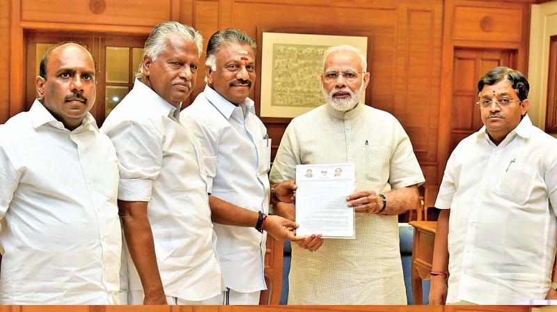 Former Tamil Nadu Chief Minister O Paneerselvam  meets Prime Minister Narendra Modi to raise issues concerning the state. (Photo: DC)