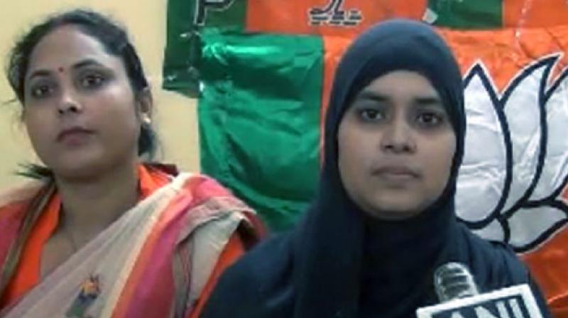 Triple talaq petitioner Ishrat Jahan was felicitated by the Howrah (West Bengal) BJP unit on Saturday and inducted into the party. (Photo: ANI)