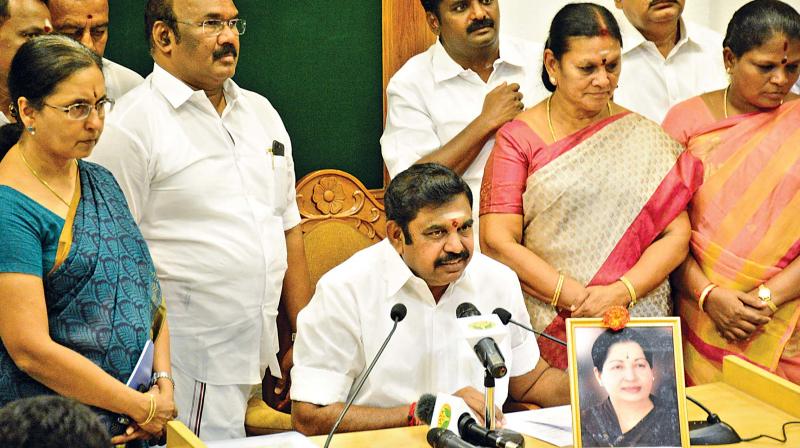 Tamil Nadu Chief Minister Edappadi K. Palanisami addresses the media at secretariat on Monday. (Photo: DC)