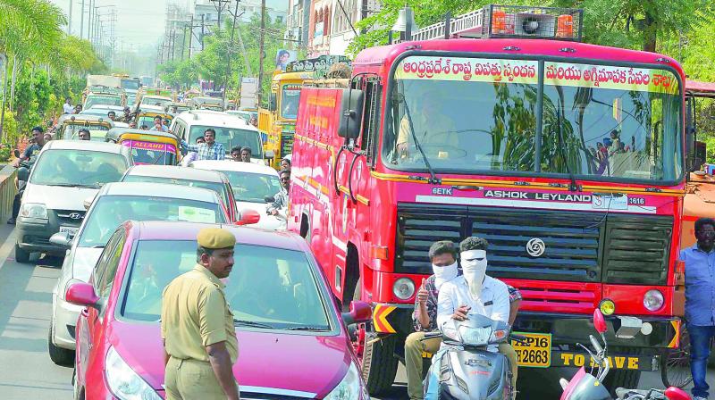 Traffic was stalled at various junctions in Vijayawada during the Chief Ministers surprise visit to various places in the city on Saturday. (Photo: DC)