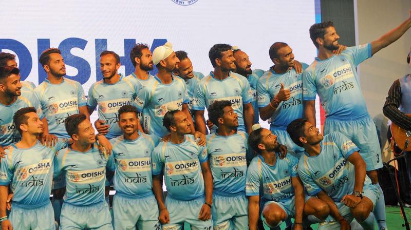 Members of the Indian hockey team at the launch of their new sponsorship in New Delhi on Thursday. (Photo: Biplab Banerjee)