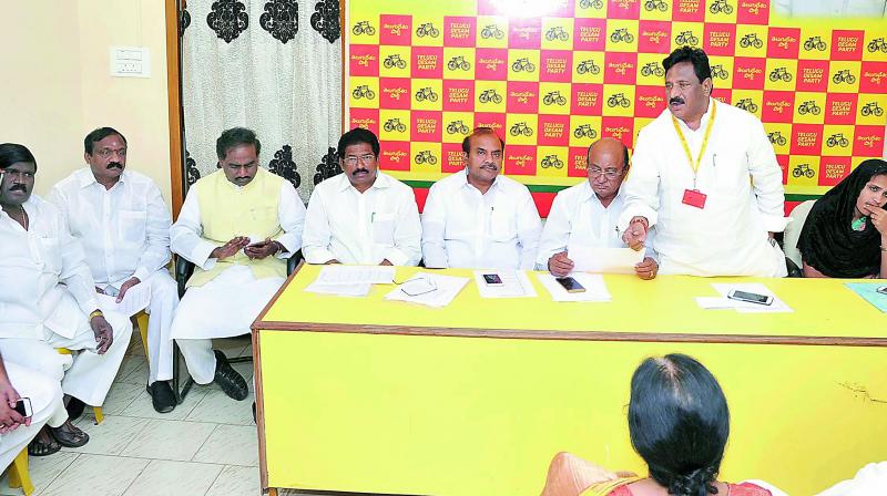 Home minister N. China Rajappa addresses Guntur TD coordination committee meeting at NTR Bhavan in Guntur on Tuesday. Ministers P. Pulla Rao, R. Kishore Babu and other party leaders are also seen. (Photo: DC)