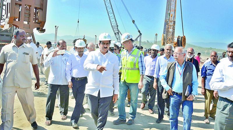 Minister for water resources D. Umamaheswara Rao with members of the Central committee inspect the work at the Polavaram project on Friday. (Photo: DC)