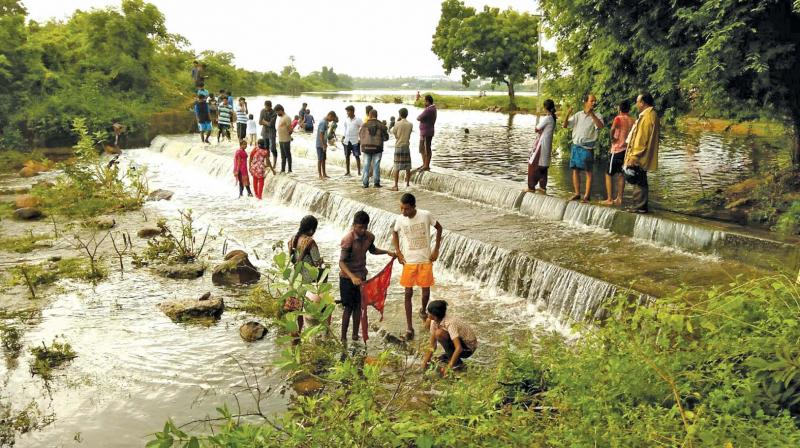 The recent downpour in the Kancheepuram district has caused the Vengaivasal lake in Tambaram East to overflow. The waterbody is now the centre of attraction among locals. (Photo: DC)