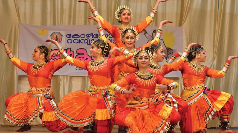 Students of Anglo Indian Girls HSS Kozhikode bagged A grade in the group dance event during the Kozhikode Revenue District Kalolsavam at Vadakara, on Friday. (Photo: Venugopal)