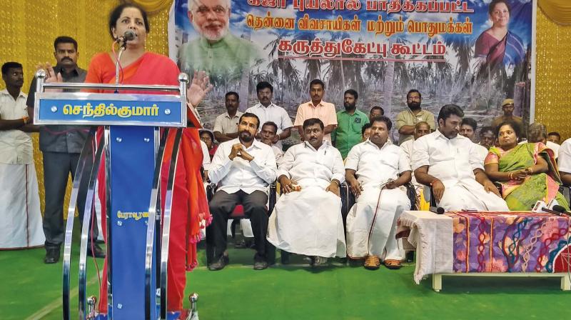 Nirmala Sitharaman, defence minister addressing at the coconut farmers grievances meet at Peravurani near Pattukottai in Thanjavur district on Friday. (Photo: DC)