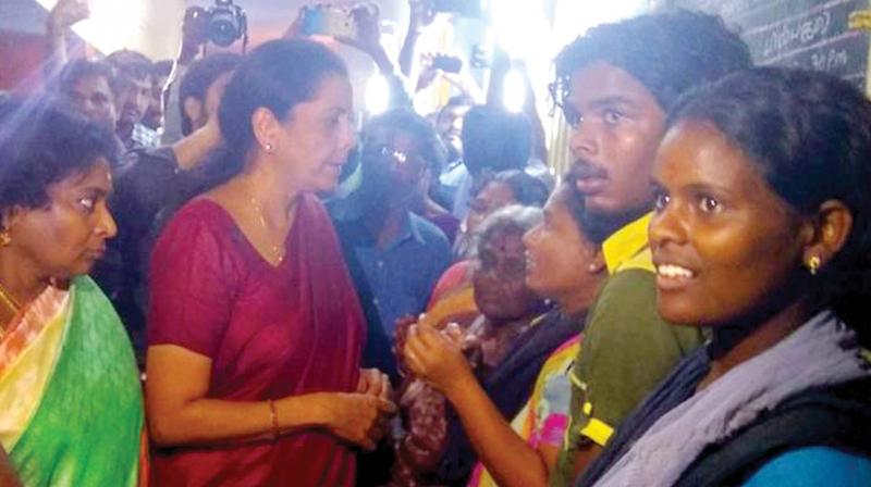 Defence minister Nirmala Sitaraman consoles Gaja victims.