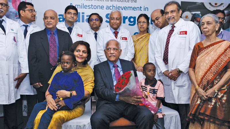 Apollo Hospital chairman Dr Prathap C. Reddy and vice-chairperson Dr Preetha Reddy along with the cardiology team at the announcement of successful completion of 50,000 cardiac surgeries in Chennai. (Photo: DC)