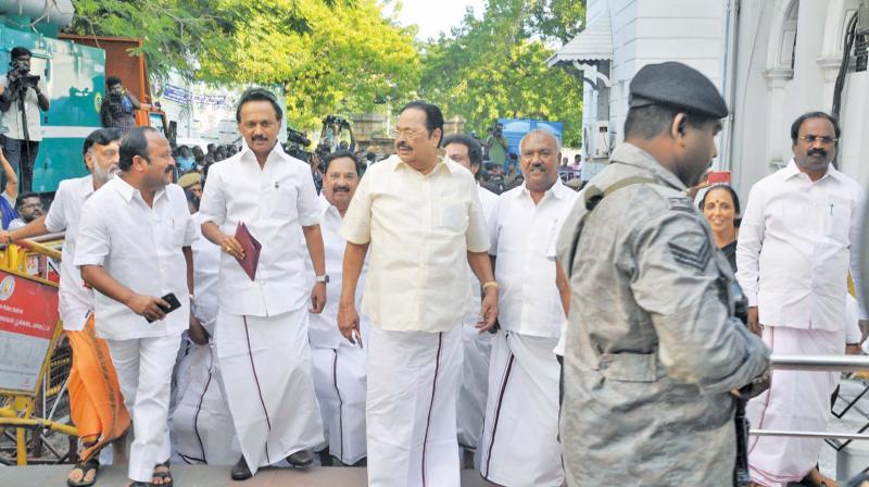 DMK chief M.K. Stalin walking towards the Assembly chamber in Chennai. (Photo: DC)