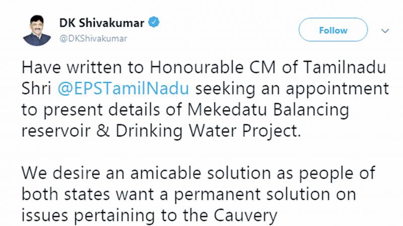 Shivakumars letter comes a day after the Tamil Nadu government filed a contempt petition against the Karnataka minister and the Central Water Commission.