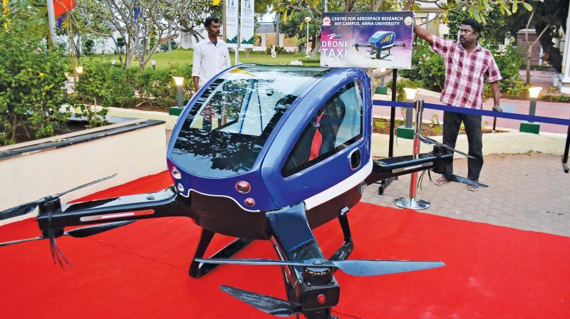 Centre for Aerospace Research, MIT campus, Anna University, has set up a drone taxi in front of Trade Centre in Nandambakkam ahead of Global Investors Meet.	(Photo: DC)