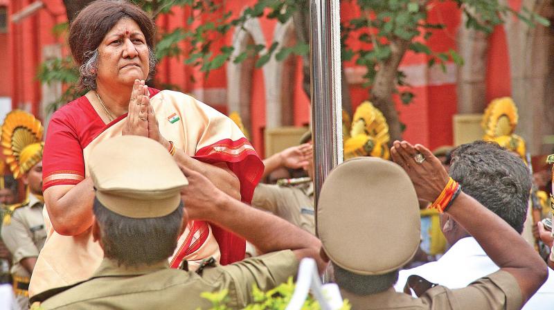 Chief Justice of Madras High Court Indira Banerjee pays respect after hoisting the tricolour on high court premises on Tuesday, as part of Independence Day celebrations. (Photo: DC)