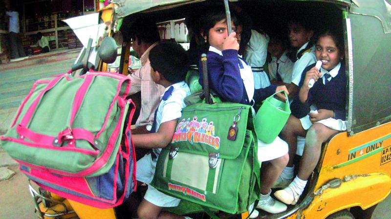 Hyderabad traffic police has requested parents not to send their children in vehicles that are carrying more students than the registered capacity.