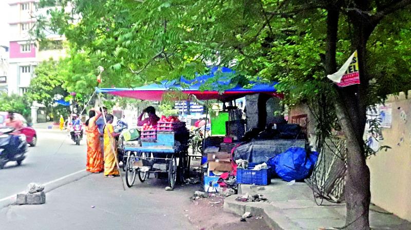 The footpath in Padmaraonagar has been encroached by vendors. Many footpaths in the city have been encroached making it difficult for pedestrians. The cops too have turned a blind eye to this menace.