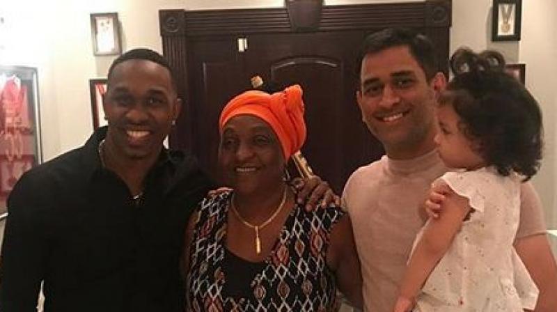 Former India captain and Bravos Chennai Super Kings teammate, Mahendra Singh Dhoni, was also at Bravos place as the cricketing duo posed for picture alongside Bravos mother and MS Dhonis daughter Ziva.(Photo: Instagram /