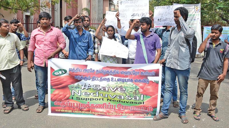 Members of Students Federation of India protest in front of Madras University in support of Neduvasal stir on Thursday.