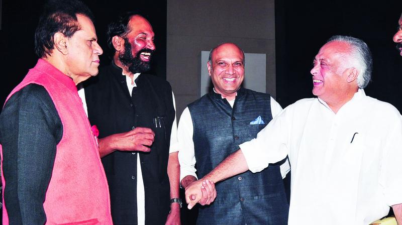 Congress MP T. Subbarami Reddy (from left), TPCC president Uttam Kumar Reddy, former Union ministers M.M. Pallam Raju and Jairam Ramesh share a joke at Park Hyatt Hotel in the city on Friday. The event was the launch of Mr Rameshs book, Indira Gandhi: A Life in Nature. (Photo:DC)