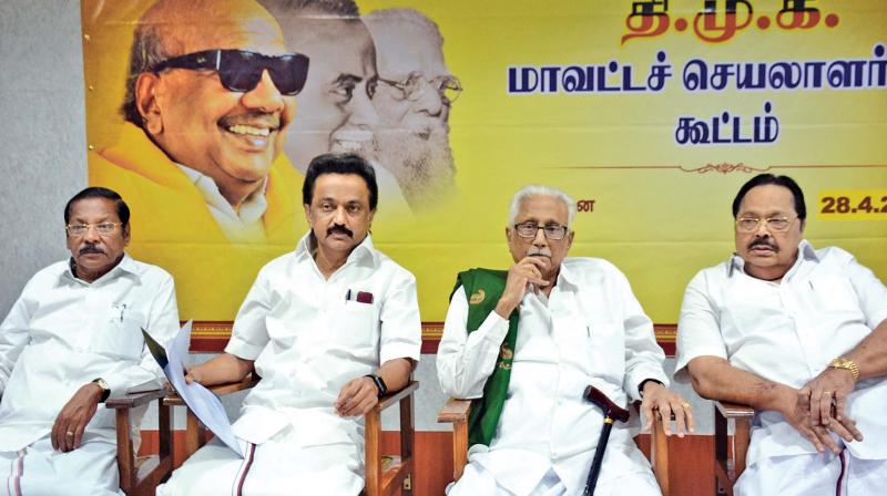 DMK party district secretaries meeting was held on Friday at Anna Arivalayam and led by the party working president M K Stalin. (Photo: DC)