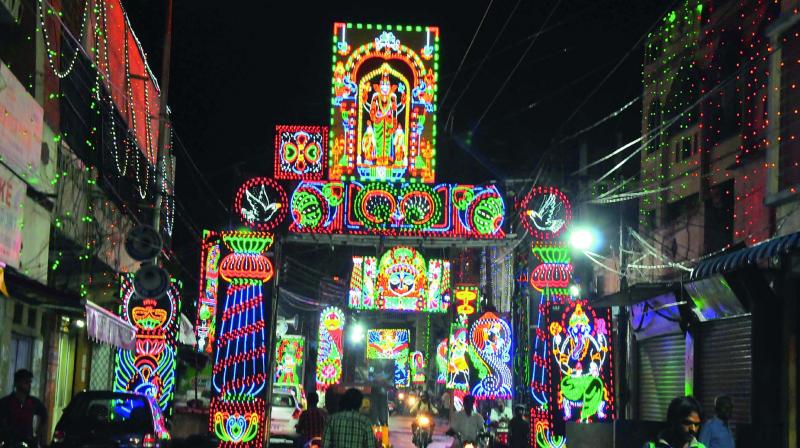 Fancy structures with colourful lights have been put up at Chappal Bazaar in Kachiguda on the occasion of Bonalu in Hyderabad on Friday. 	Photo:DC