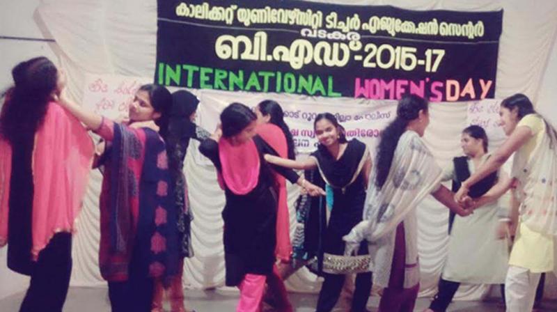 Students of Vadakara BEd centre show self-defence techniques.