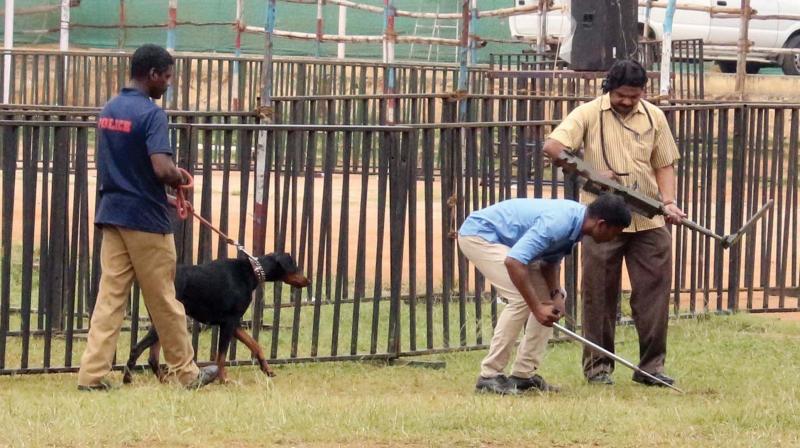 Bomb squad examines Central stadium premises in Thiruvananthapuram on Wednesday where Congress president-elect Rahul Gandhi will inaugurate the valedictory function of Opposition Leader Ramesh Chennithalas Padayorukkam on Thursday evening. (Photo: A.V. MUZAFAR)