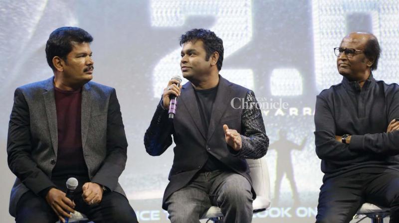 A. R. Rahman during a press conference for 2.0 along with Rajinikanth and Shankar.