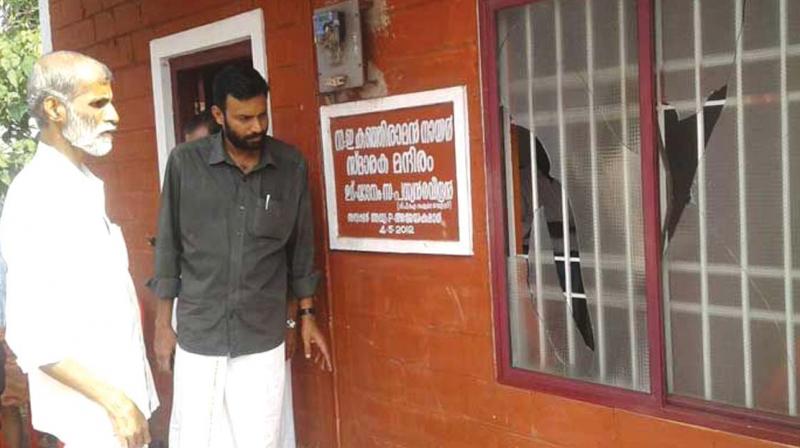 The memorial of CPI leader E. Kunjiraman Nair that was attacked at Karinkalkuzhi in Kannur.