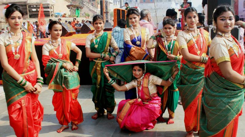 Maharashtrian artists during a programme to celebrate Marathi new year festival Gudi Padwa in Varanasi on Tuesday. (Photo: PTI)