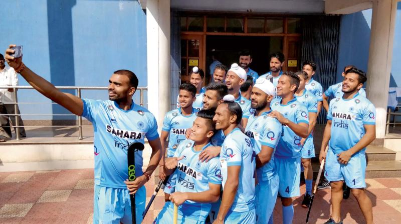 P.R. Sreejesh takes a selfie with his teammates.